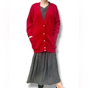 Vintage Red Shetland Wool Long Cardigan Tunic Button Pockets school girl